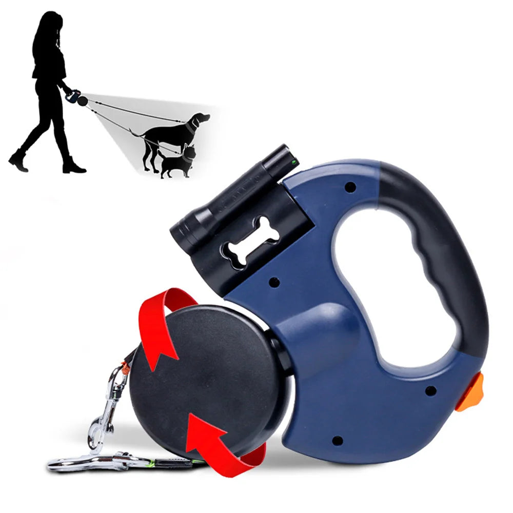 Reflective, Tangle-Free Nylon Double Retractable Dog Leash with LED Lights