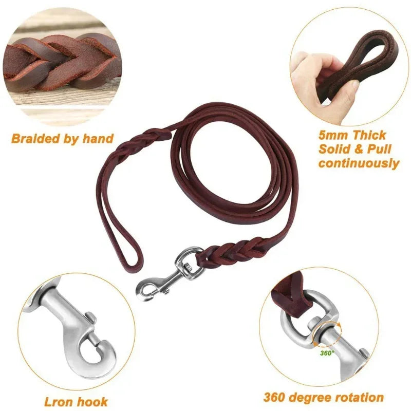 Genuine Leather Dog Leash Braided Training Lead for Medium & Large Pets
