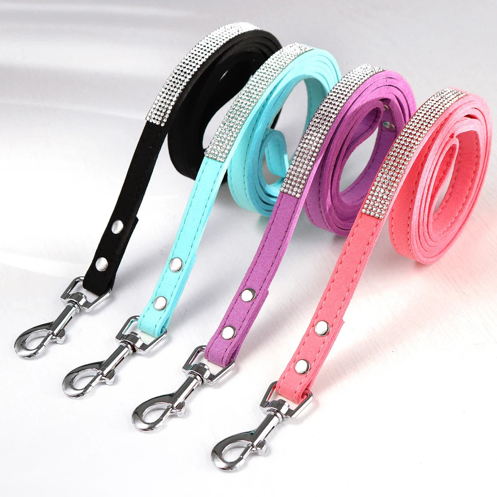 Glitter Rhinestone Leather Dog Collar with Floral Design & 120cm Leash