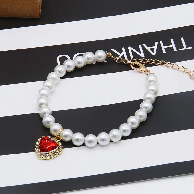 Adjustable Necklace with Gem Pendant Princess Pearl Pet Collar