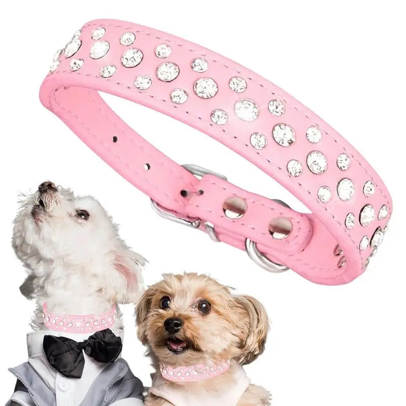 Adjustable PU Leather Three-Row Rhinestone Dog Collar