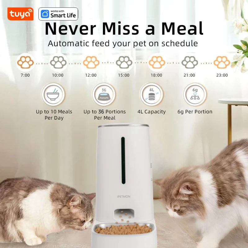 Wi-Fi 4L Pet Feeder APP Control, Stainless Steel Bowls, Low Food Alarm