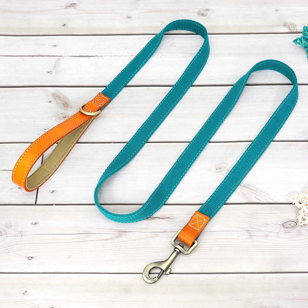 PU Leather Handle Lead 150cm Durable Nylon Dog Leash