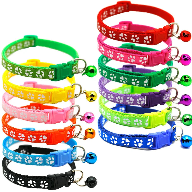 Colorful Pet Collar with Bell Adjustable Cartoon Footprint Design