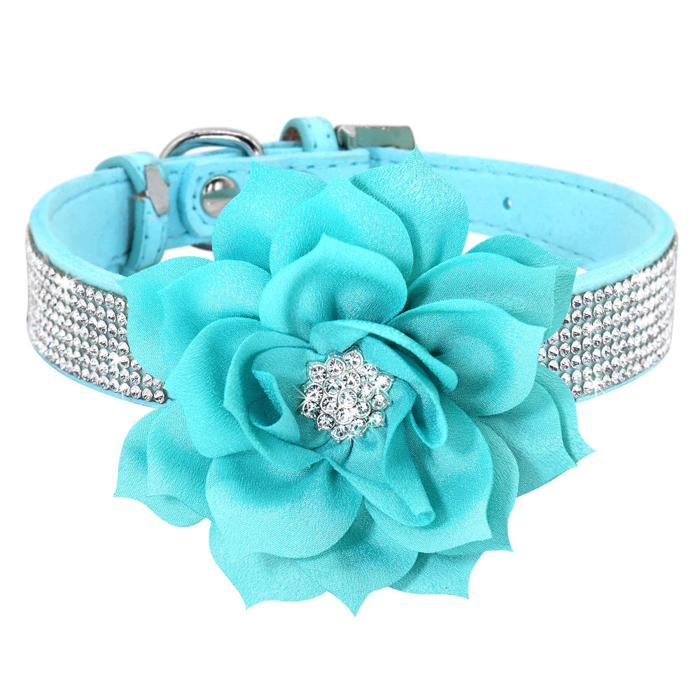Glitter Rhinestone Leather Dog Collar with Floral Design & 120cm Leash