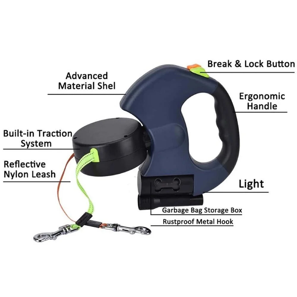 Reflective, Tangle-Free Nylon Double Retractable Dog Leash with LED Lights
