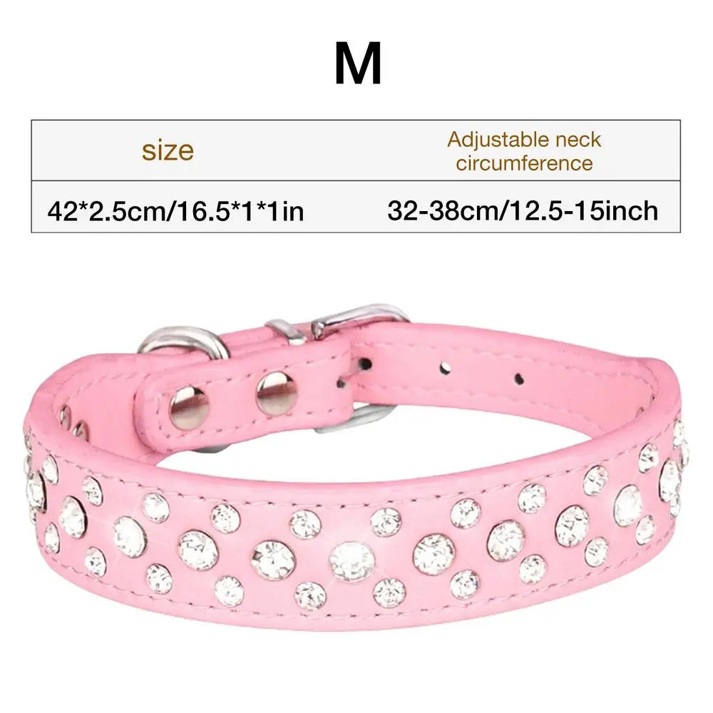 Adjustable PU Leather Three-Row Rhinestone Dog Collar