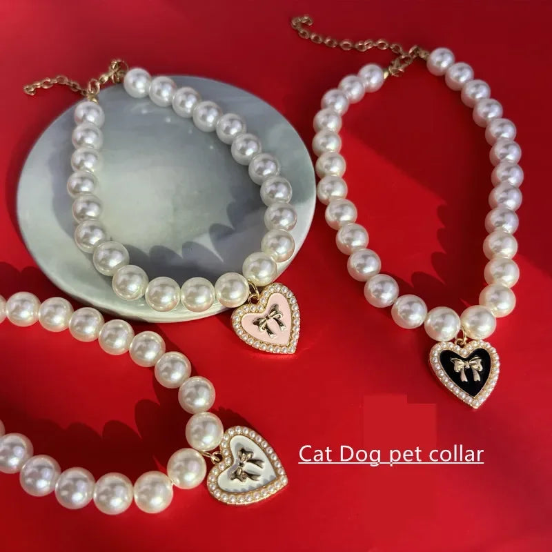 Cute Cat & Puppy Necklace for Weddings and Special Occasions Pearl Bow Pet Collar