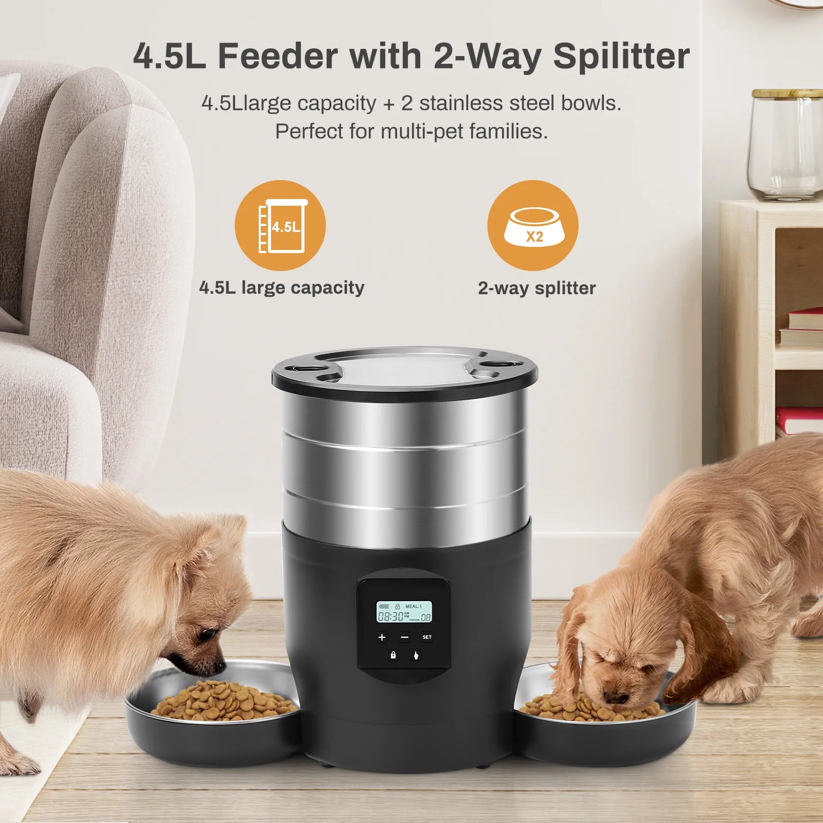 4L Smart Pet Feeder Auto Dispenser with Recording, Scheduled Feeding for 2 Pets