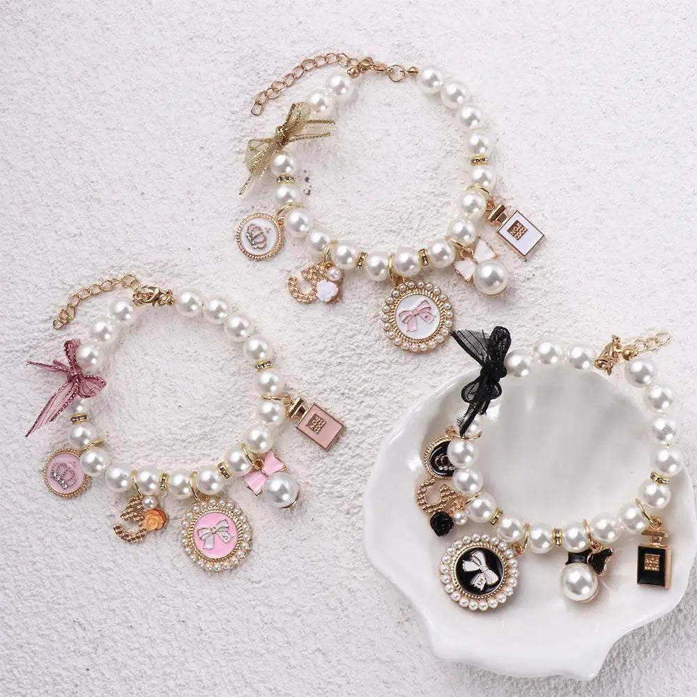 Rhinestone Bow Collar for Cats and Small Dogs Princess Pearl Pet Necklace