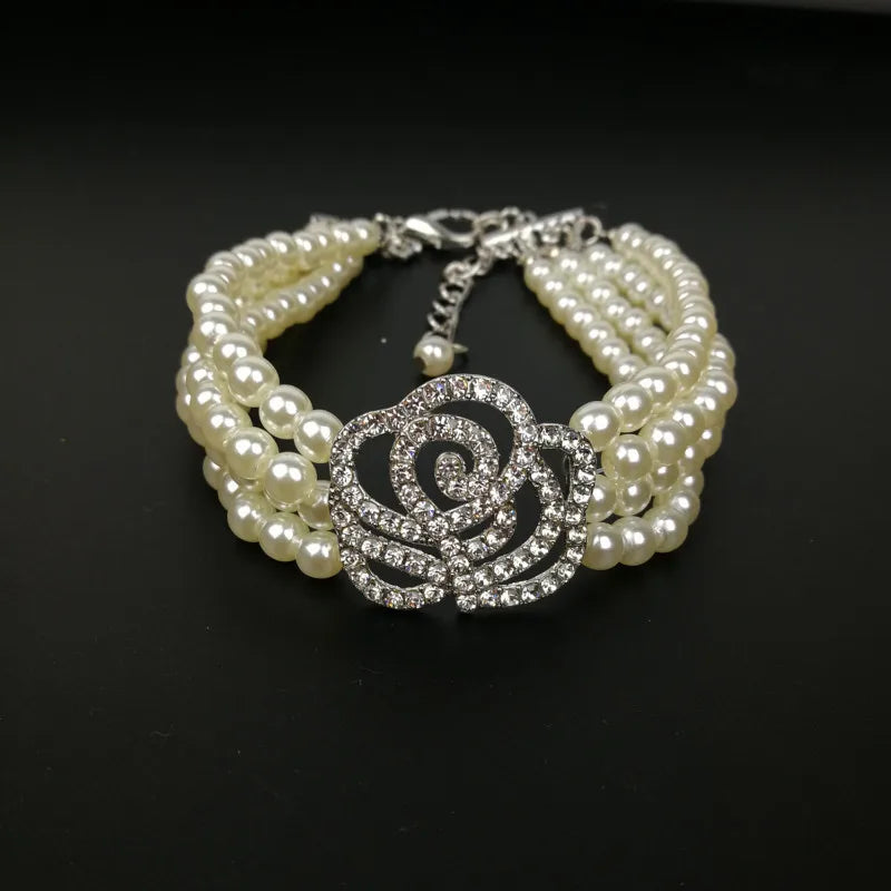 Fashion Rose Pearl & Rhinestone Dog Collar