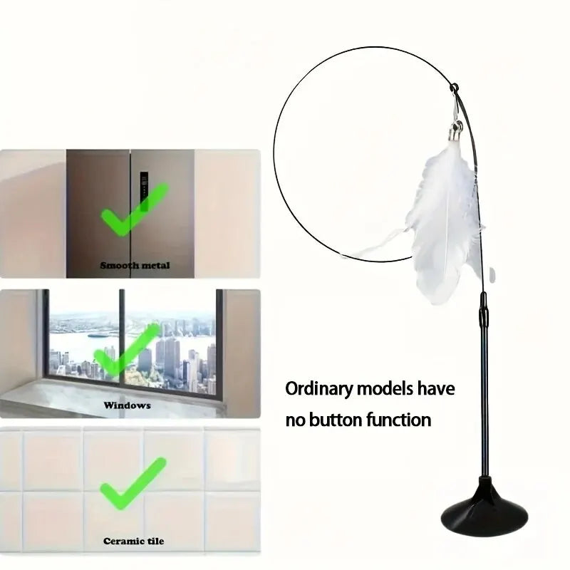 Cat Teaser Toy Interactive Feather & Bell Wand with Suction Cup Pole