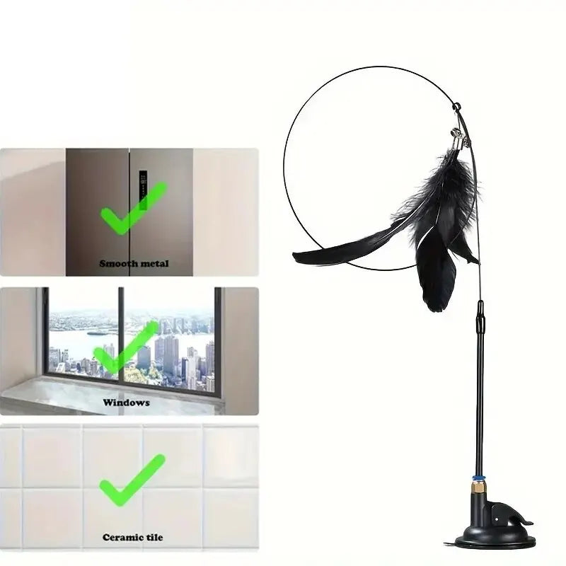 Cat Teaser Toy Interactive Feather & Bell Wand with Suction Cup Pole