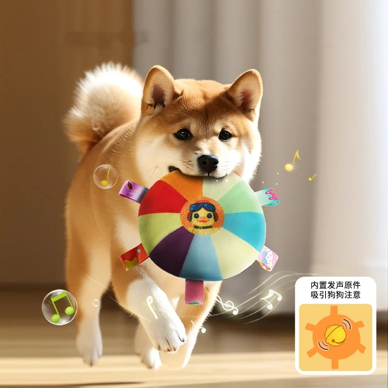 Rainbow Plush Flying Saucer Interactive Chew Toy with Bells for Dogs