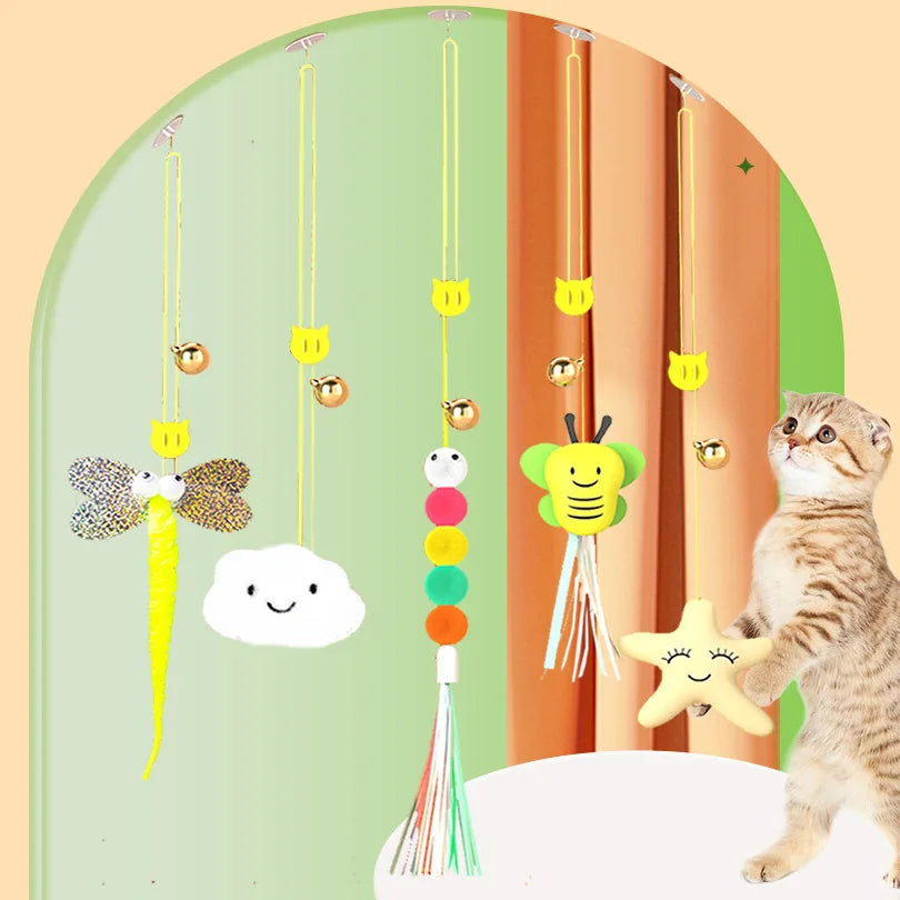 Hanging Cat Teasing Stick Dragonfly Feather Toy with Bell & Elastic Rope