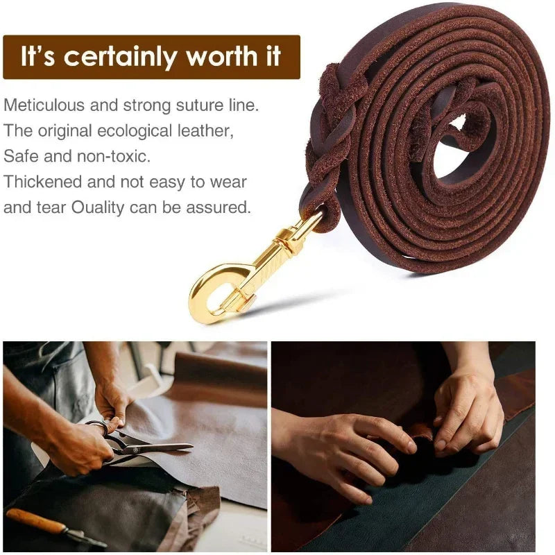 Genuine Leather Dog Leash Braided Training Lead for Medium & Large Pets