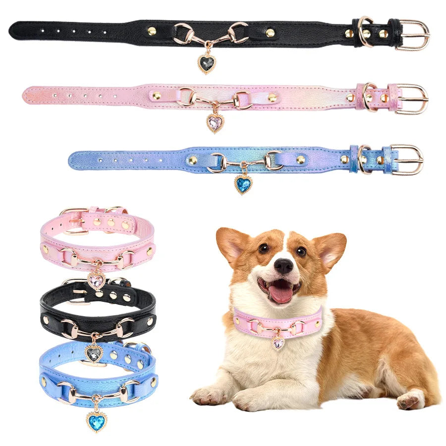 Adjustable Faux Leather Shiny Rhinestone Love Dog Collar
