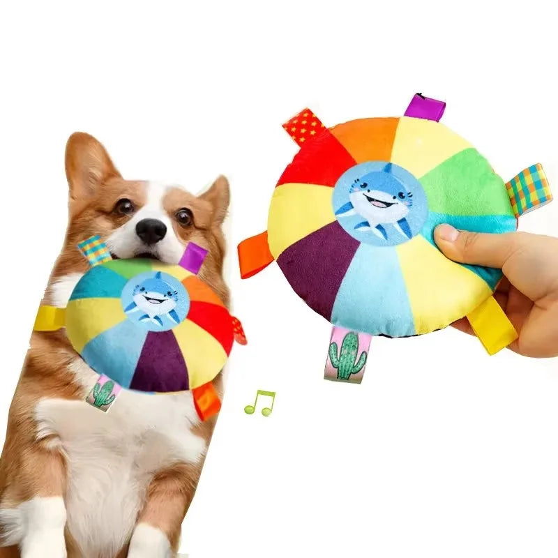 Rainbow Plush Flying Saucer Interactive Chew Toy with Bells for Dogs