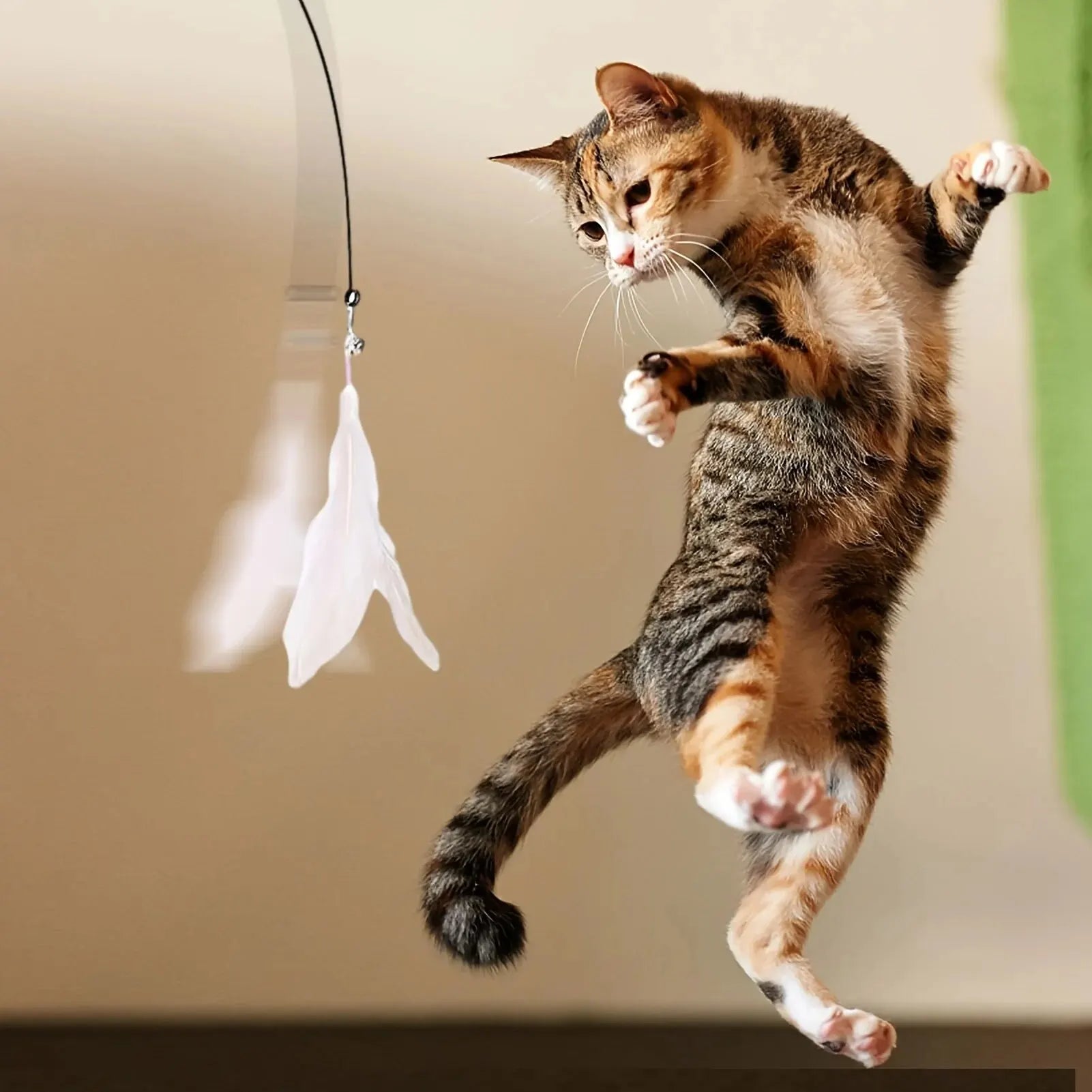 Cat Teaser Toy Interactive Feather & Bell Wand with Suction Cup Pole