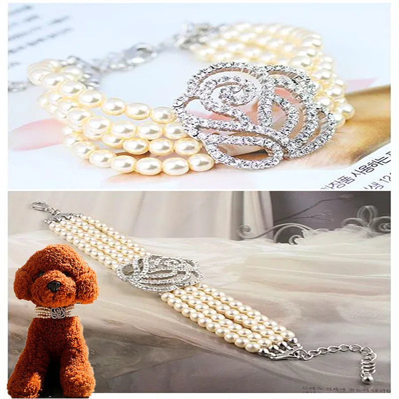 Fashion Rose Pearl & Rhinestone Dog Collar