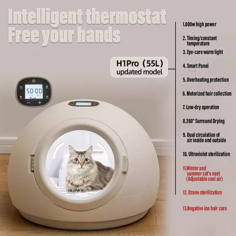 Smart Pet Drying Box Auto Temp Control, Water Sterilization for Cats & Dogs