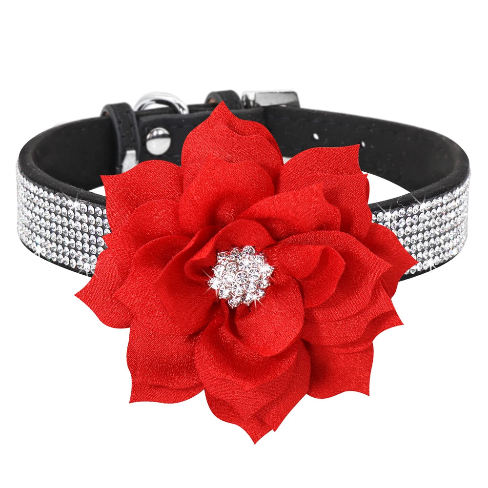 Glitter Rhinestone Leather Dog Collar with Floral Design & 120cm Leash