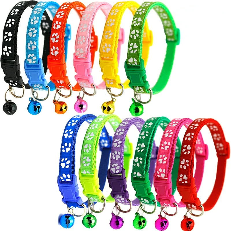 Colorful Pet Collar with Bell Adjustable Cartoon Footprint Design