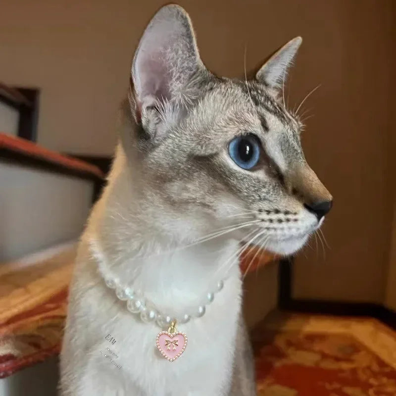 Cute Cat & Puppy Necklace for Weddings and Special Occasions Pearl Bow Pet Collar
