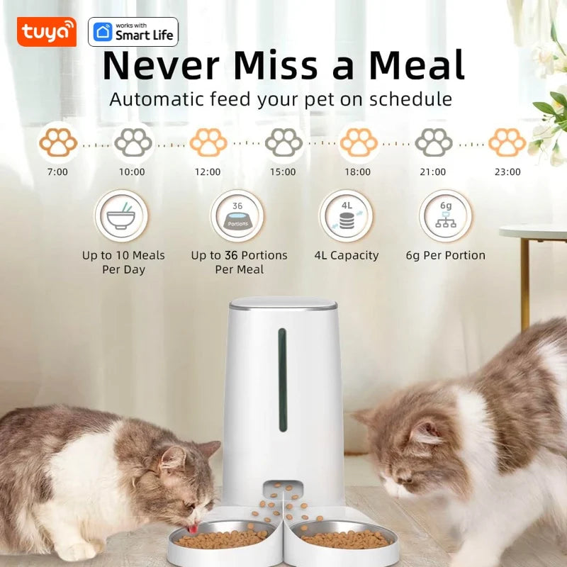 Wi-Fi 4L Pet Feeder APP Control, Stainless Steel Bowls, Low Food Alarm