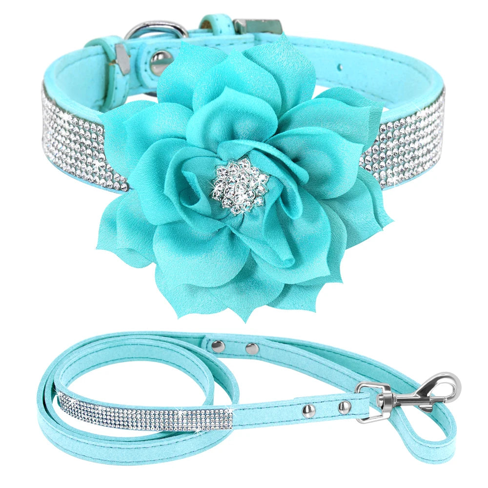 Glitter Rhinestone Leather Dog Collar with Floral Design & 120cm Leash