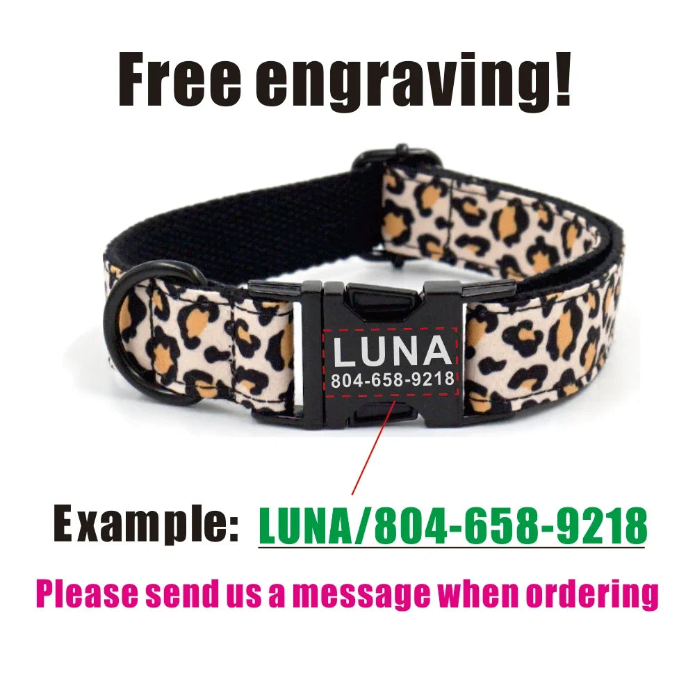 Personalized Leopard Print Dog Collar with Custom Nameplate & Matching Leash