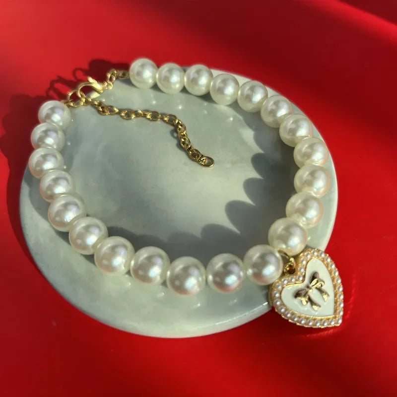Cute Cat & Puppy Necklace for Weddings and Special Occasions Pearl Bow Pet Collar