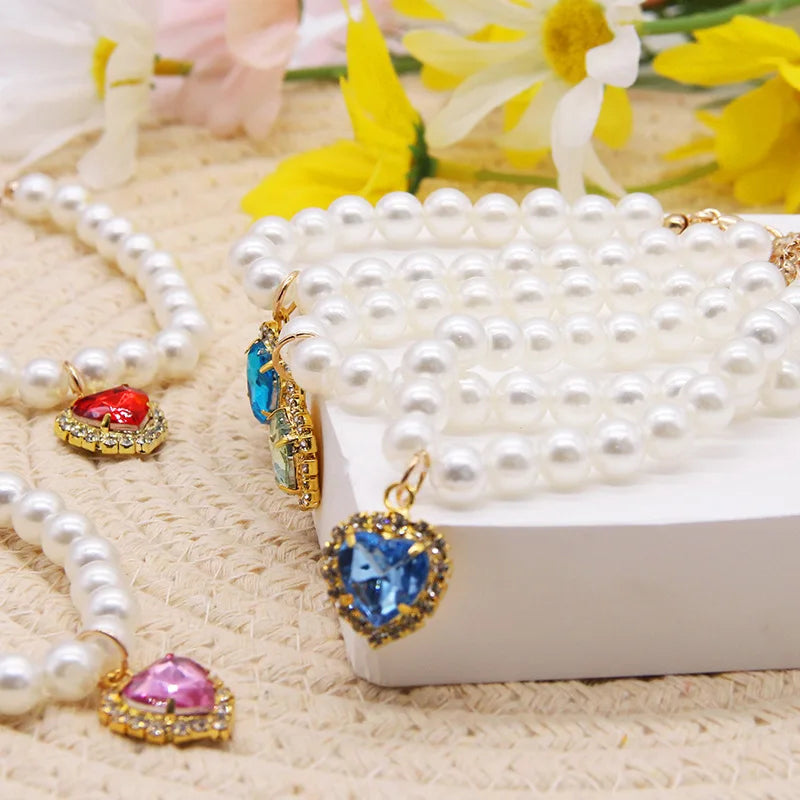 Adjustable Necklace with Gem Pendant Princess Pearl Pet Collar