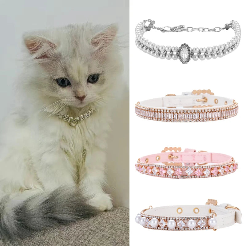 Luxury Pearl Pet Necklace Rhinestone Collar for Cats