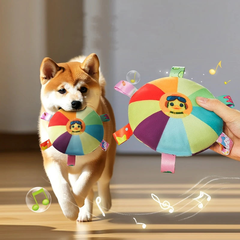 Rainbow Plush Flying Saucer Interactive Chew Toy with Bells for Dogs