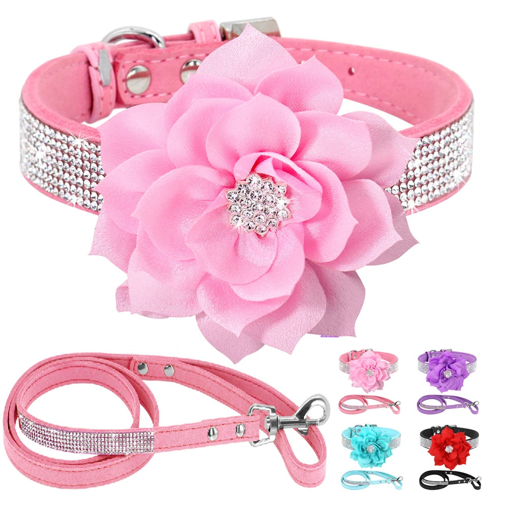 Glitter Rhinestone Leather Dog Collar with Floral Design & 120cm Leash