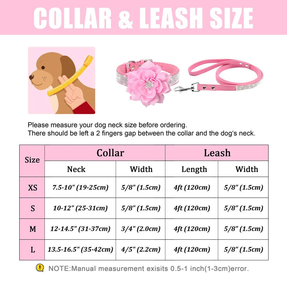 Glitter Rhinestone Leather Dog Collar with Floral Design & 120cm Leash
