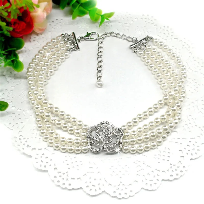 Fashion Rose Pearl & Rhinestone Dog Collar