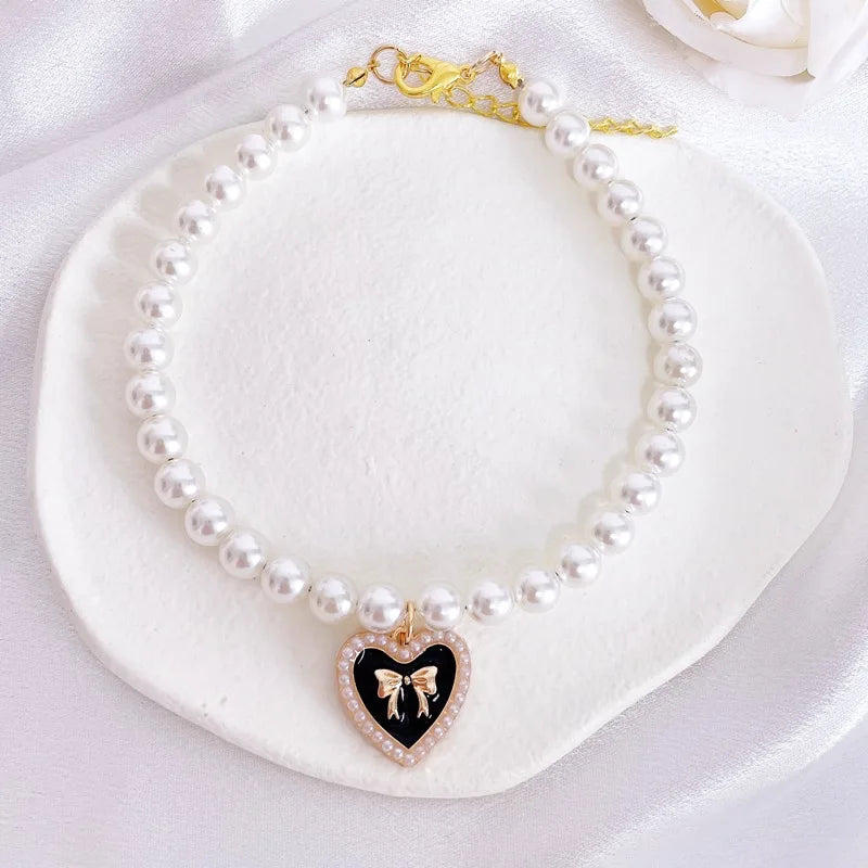 Cute Cat & Puppy Necklace for Weddings and Special Occasions Pearl Bow Pet Collar