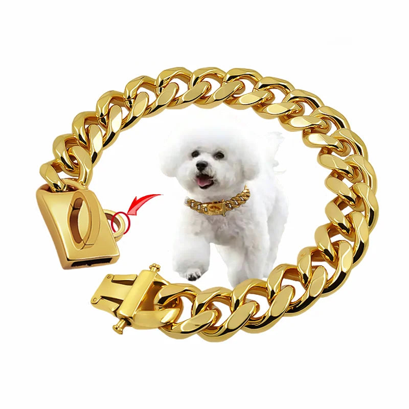 19mm Wide Gold Metal Chain Stainless Steel Dog Choker Collar