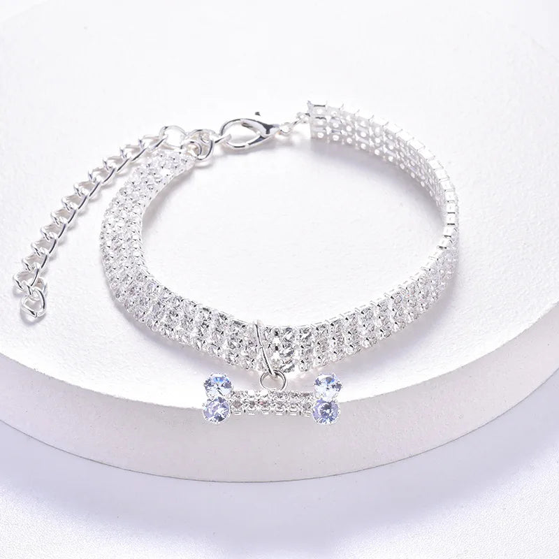 Rhinestone Necklace with Bone Adjustable Crystal Pet Collar