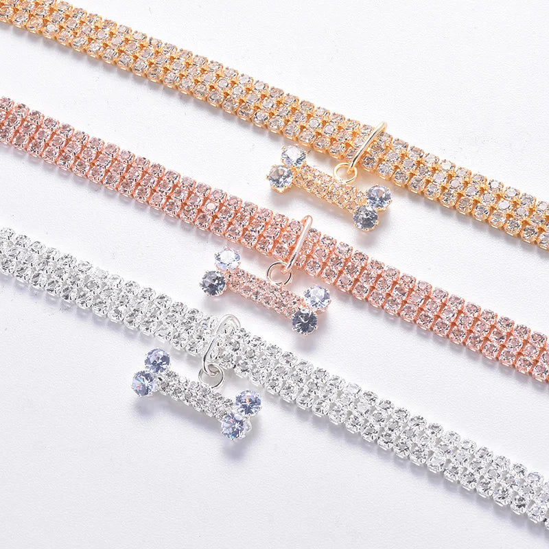 Rhinestone Necklace with Bone Adjustable Crystal Pet Collar
