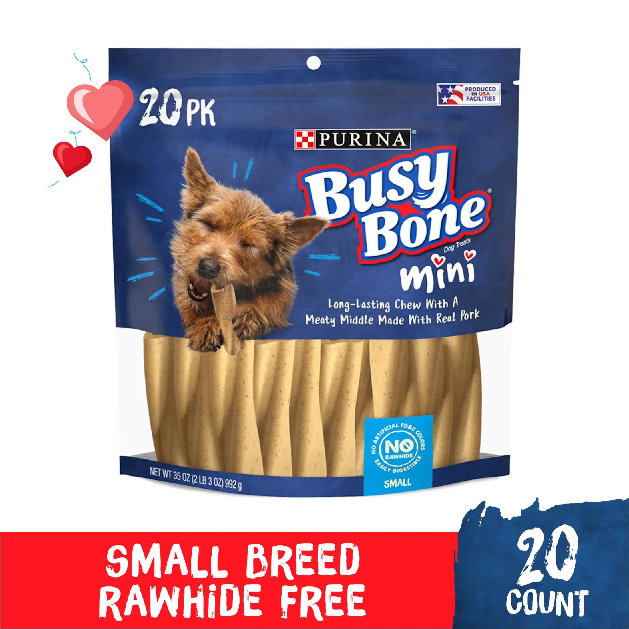 Purina 15-30 lbs Dog Treats with Real Pork, Long-Lasting Chews, 35 oz Pouch (20 Count)