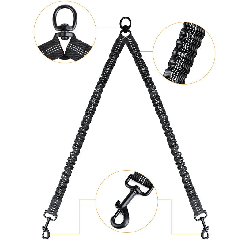 Reflective Shock-Absorbing Elastic Bungee Double Dog Leash