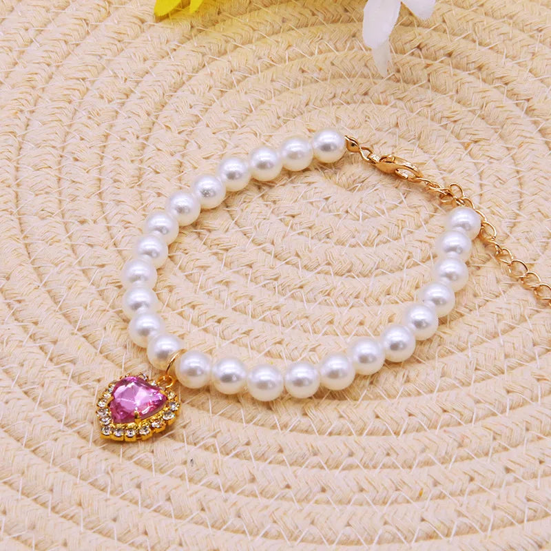 Adjustable Necklace with Gem Pendant Princess Pearl Pet Collar