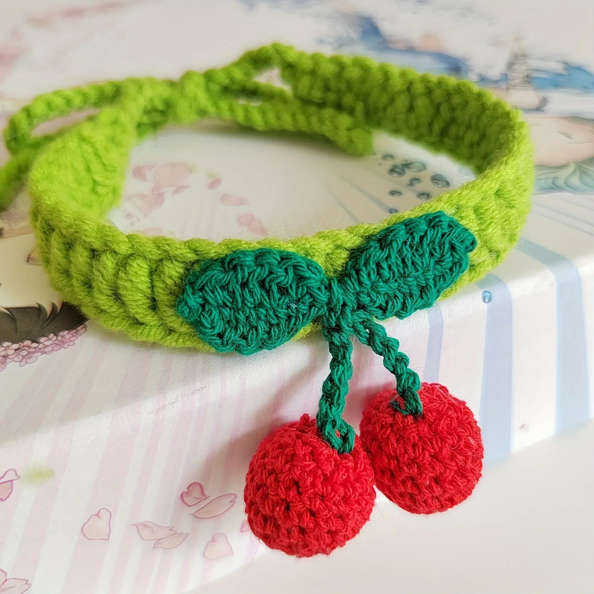 Handmade Knitted Cat Collar Cute Cherry Decor Necklace for Cats