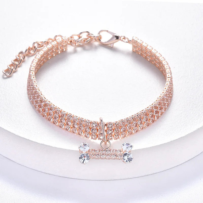 Rhinestone Necklace with Bone Adjustable Crystal Pet Collar