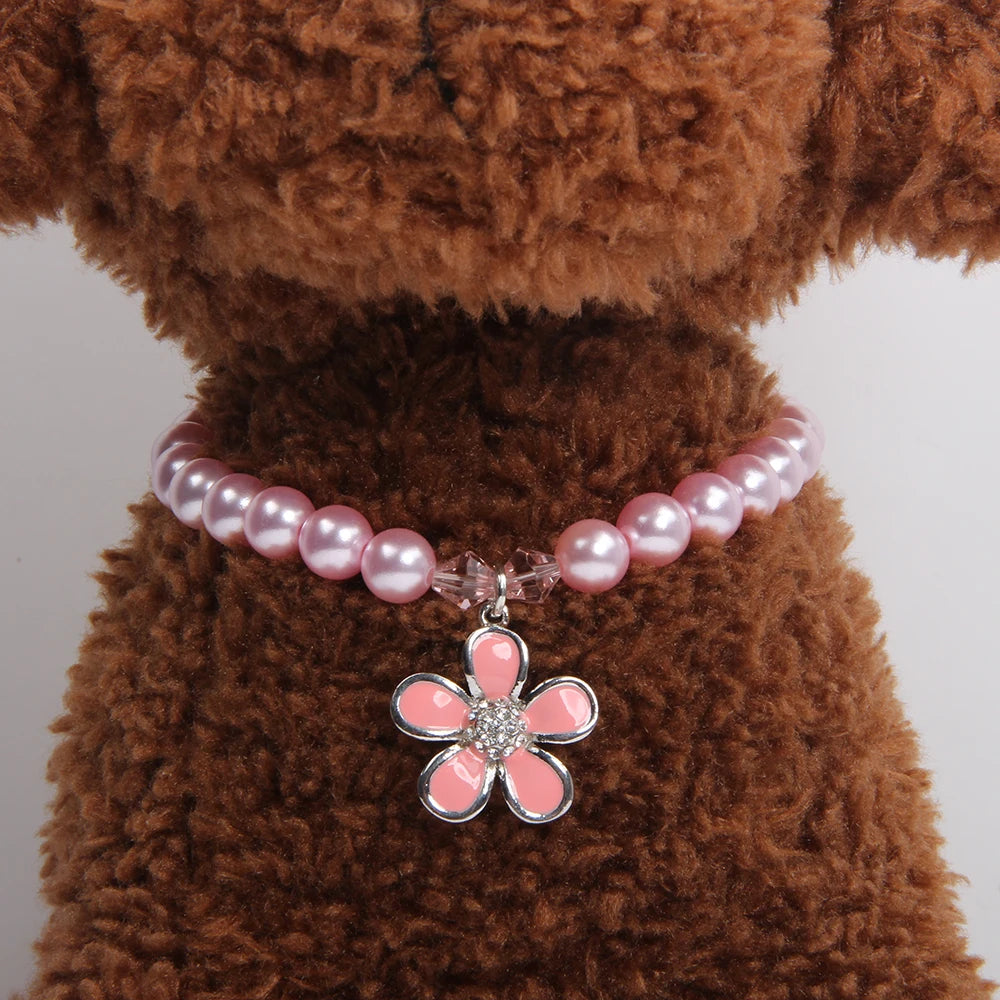 Rhinestone Pet Jewelry with Flower Pearl Dog Necklace Collar