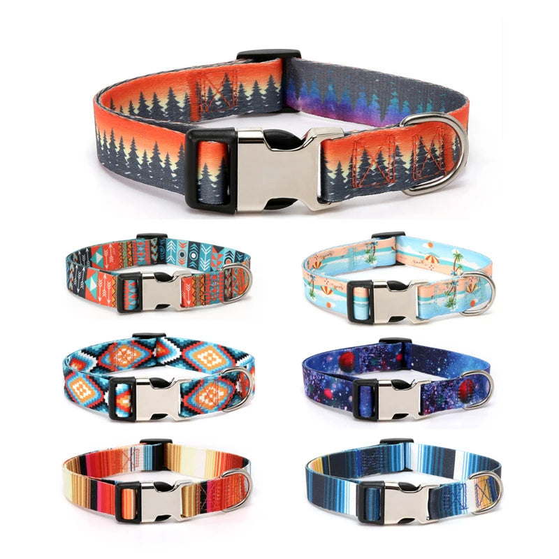Forest Pattern & National Style Stripes Adjustable Nylon Dog Collar