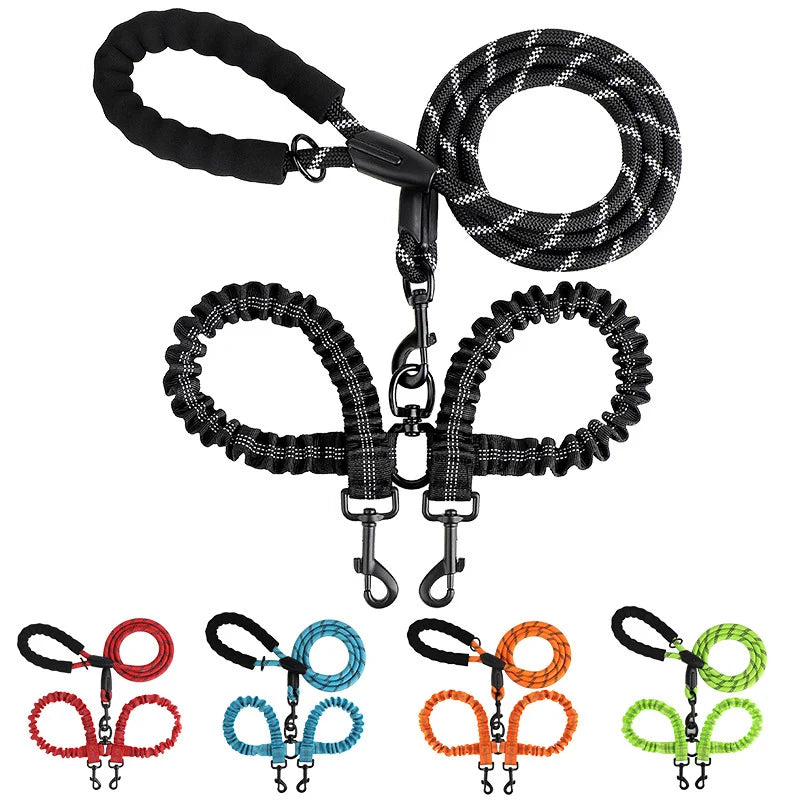Reflective Shock-Absorbing Elastic Bungee Double Dog Leash